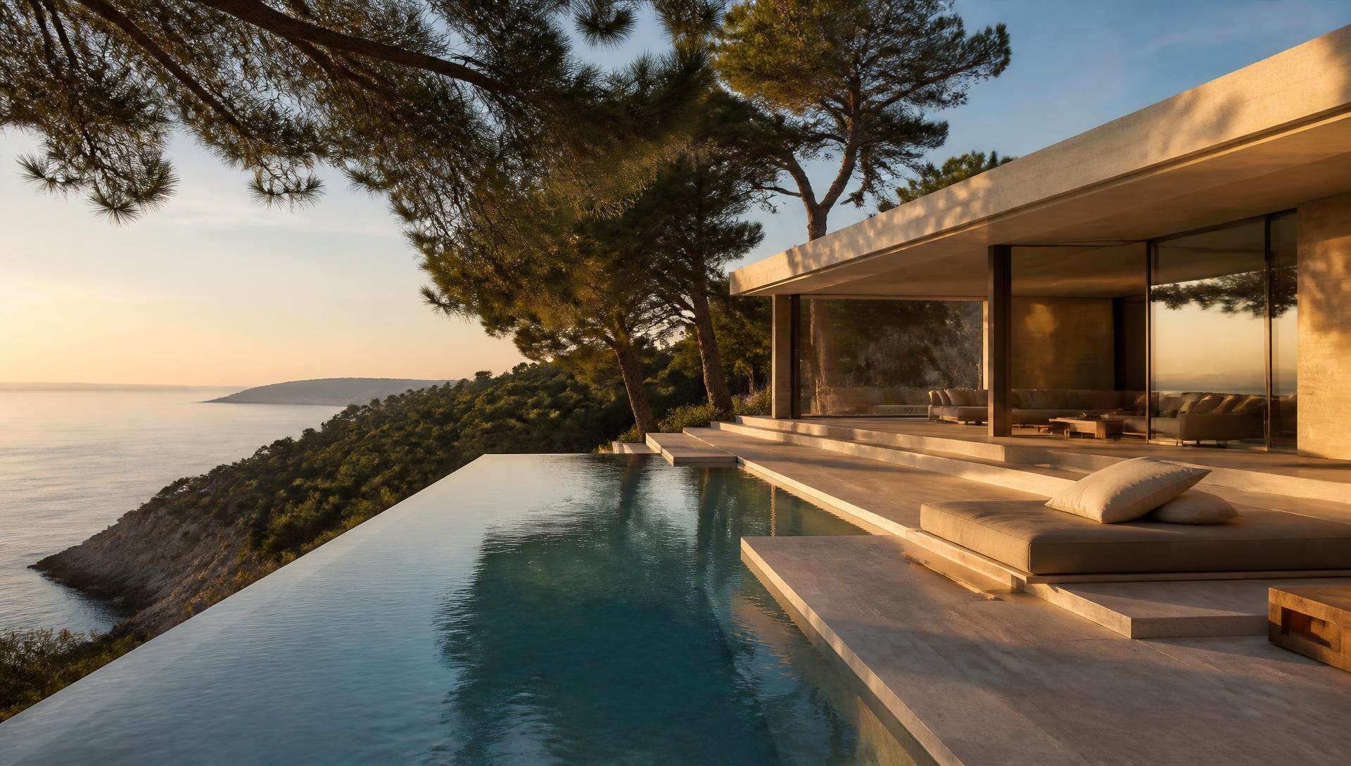 Contemporary Greek villa above the Aegean at dusk